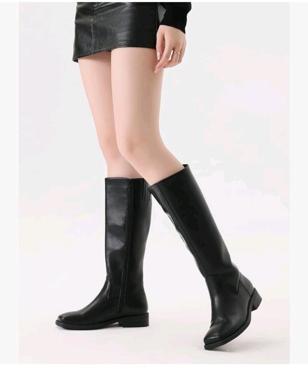 Knee High Boots Block Low Heel Stretchy Square Toe with Side Zipper Women's